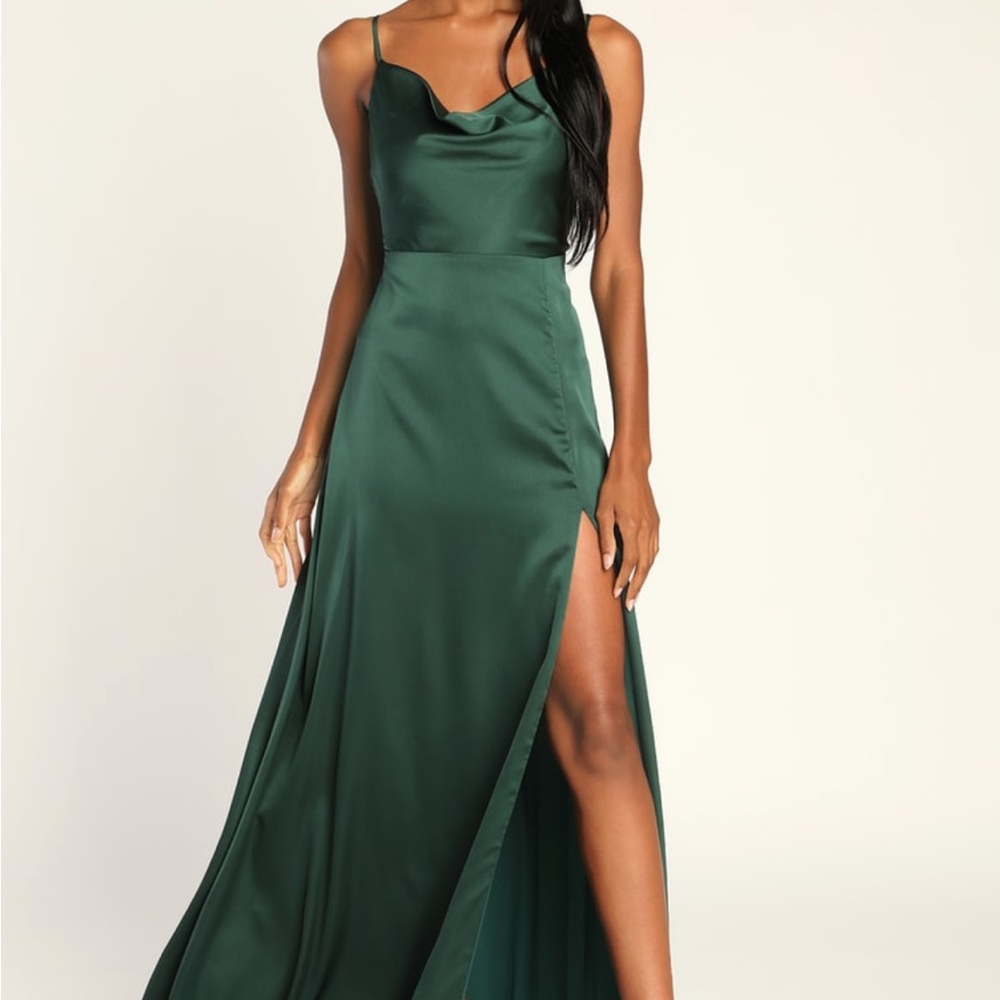 Lulus Formal Invitation Emerald Green Satin Cowl Neck Maxi Dress